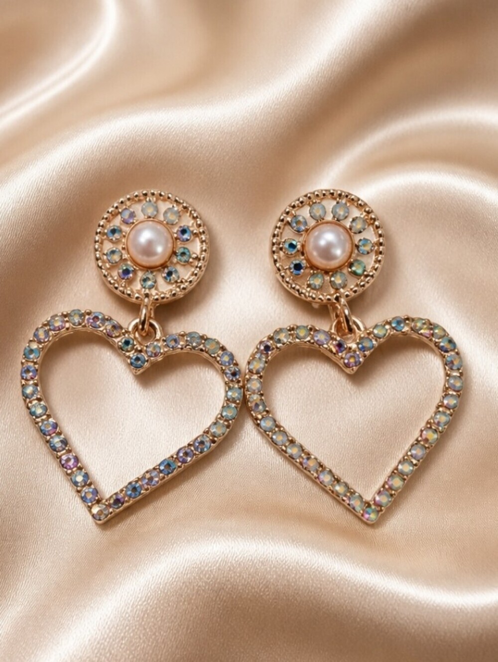 Mint Rhinestone Heart Dangle Earrings
